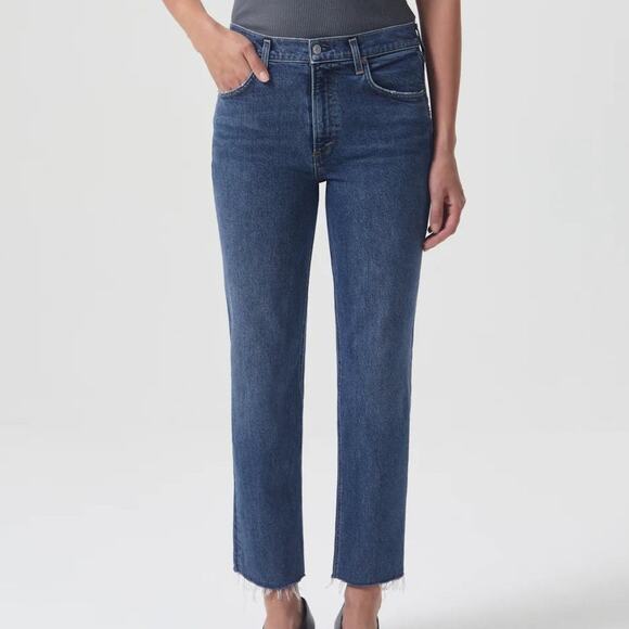 AGOLDE Womens Kye Straight Crop Jeans 28 Blue Stretch Denim Raw Hem - Picture 1 of 6